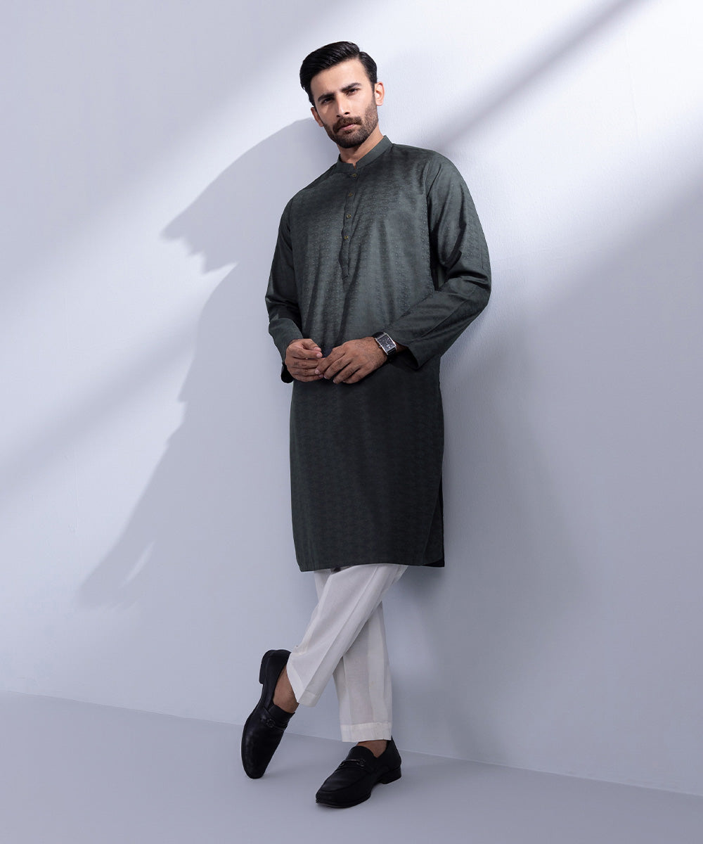 Men's Stitched Charcoal Cotton Jacquard Kurta