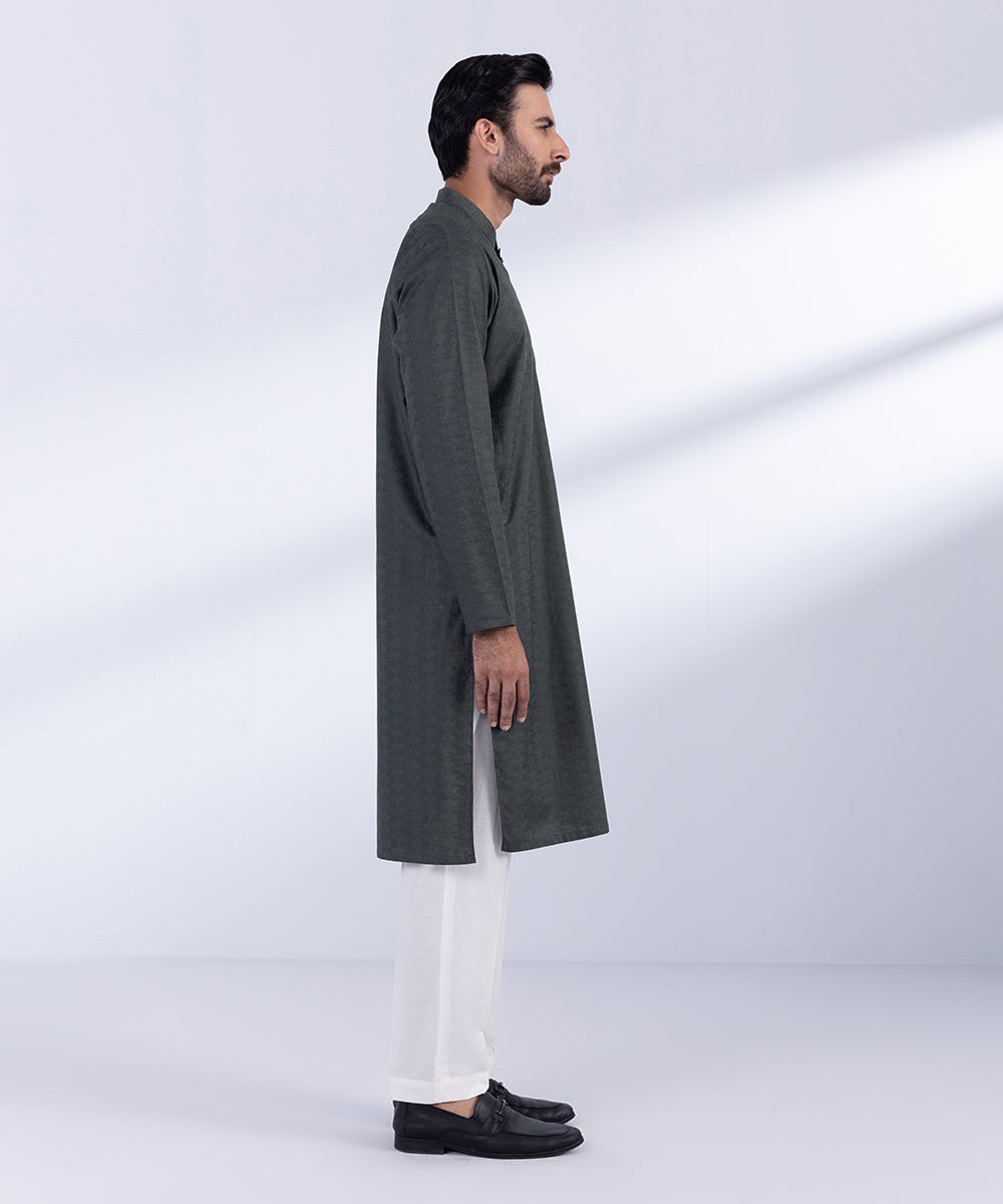 Men's Stitched Charcoal Cotton Jacquard Kurta