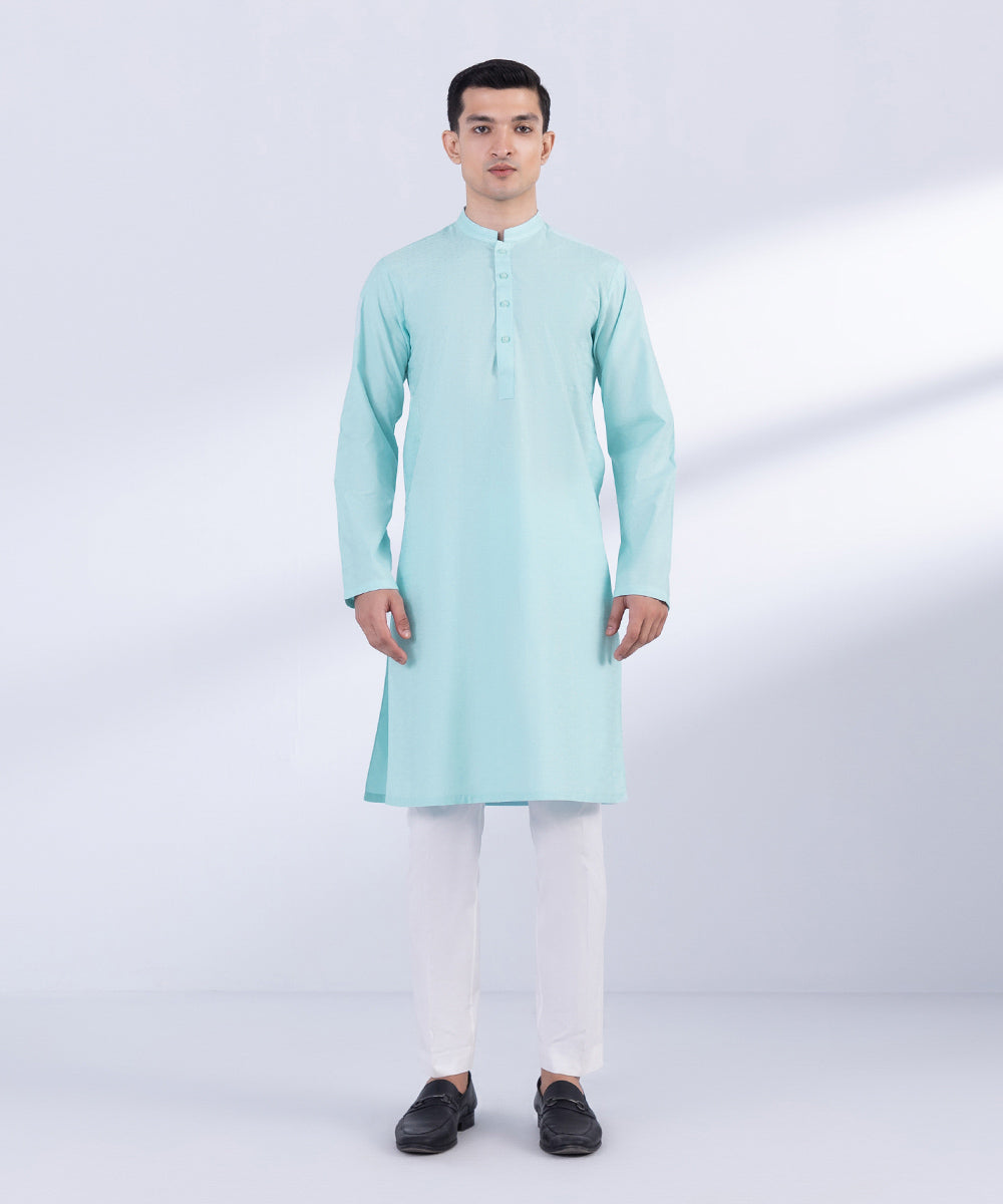 Men's Stitched Aqua Cotton Jacquard Kurta