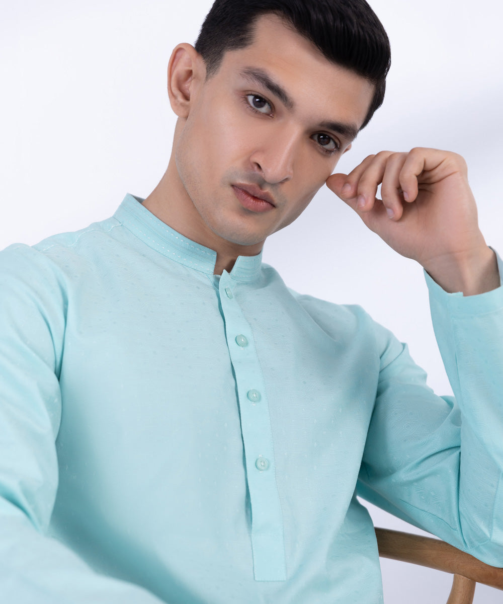 Men's Stitched Aqua Cotton Jacquard Kurta