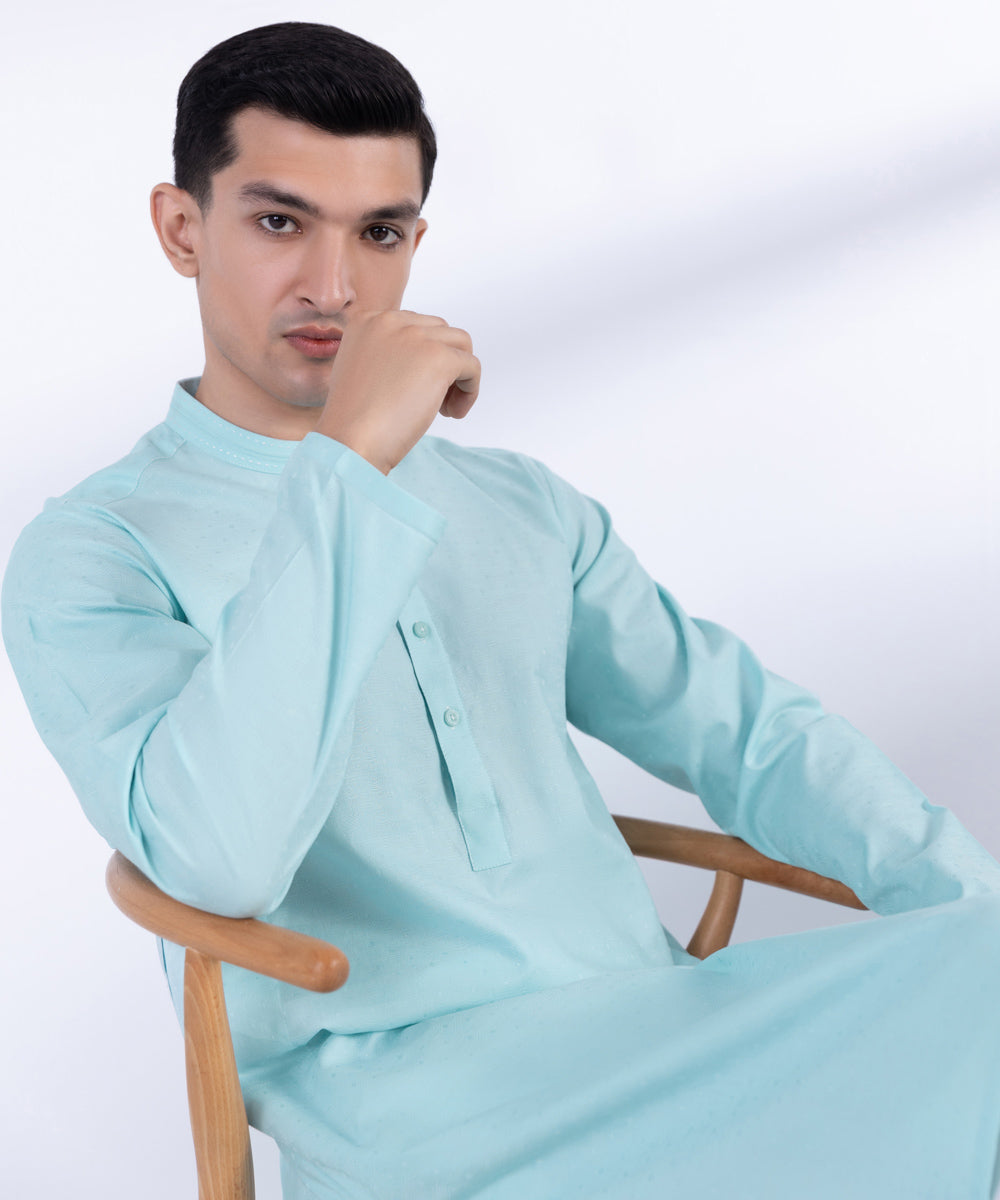 Men's Stitched Aqua Cotton Jacquard Kurta