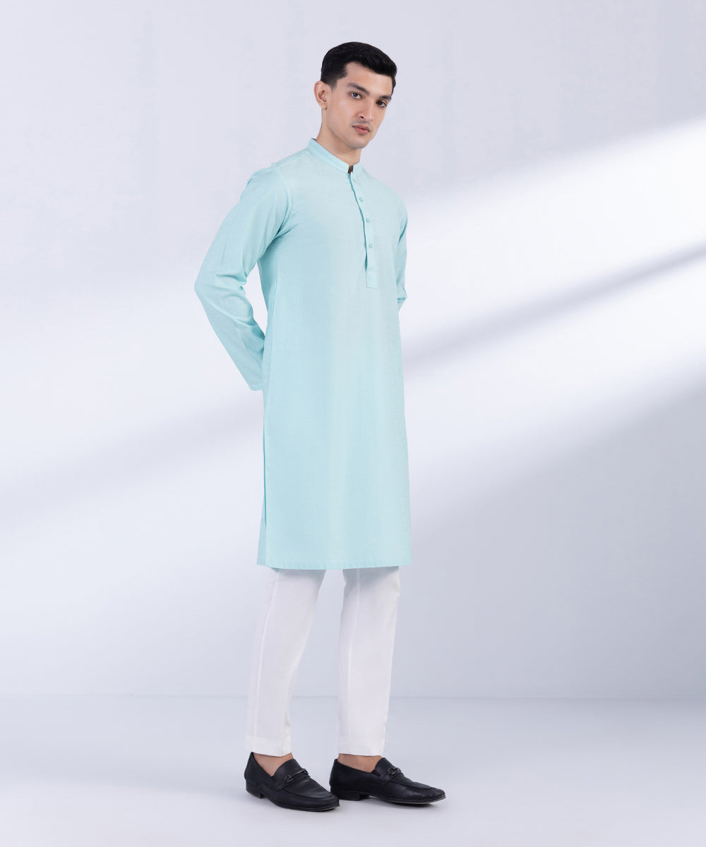 Men's Stitched Aqua Cotton Jacquard Kurta