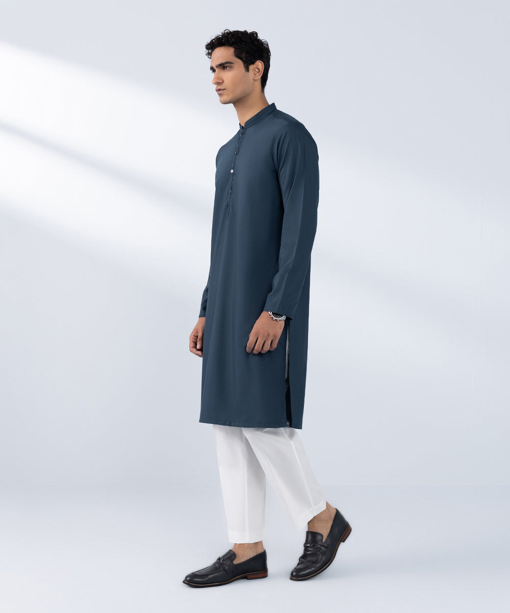 Men's Stitched Blue Wash & Wear Kurta 