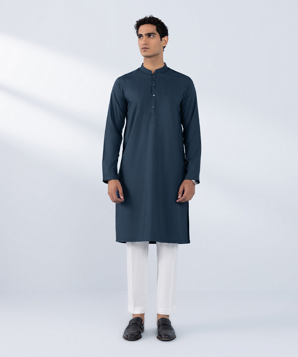 Men's Stitched Blue Wash & Wear Kurta 