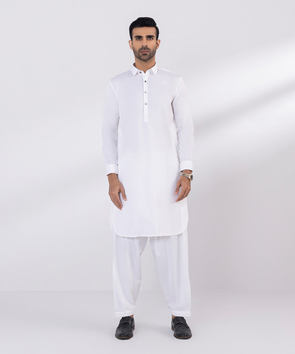Men's Stitched Fancy Wash & Wear White Straight Hem Kurta Shalwar