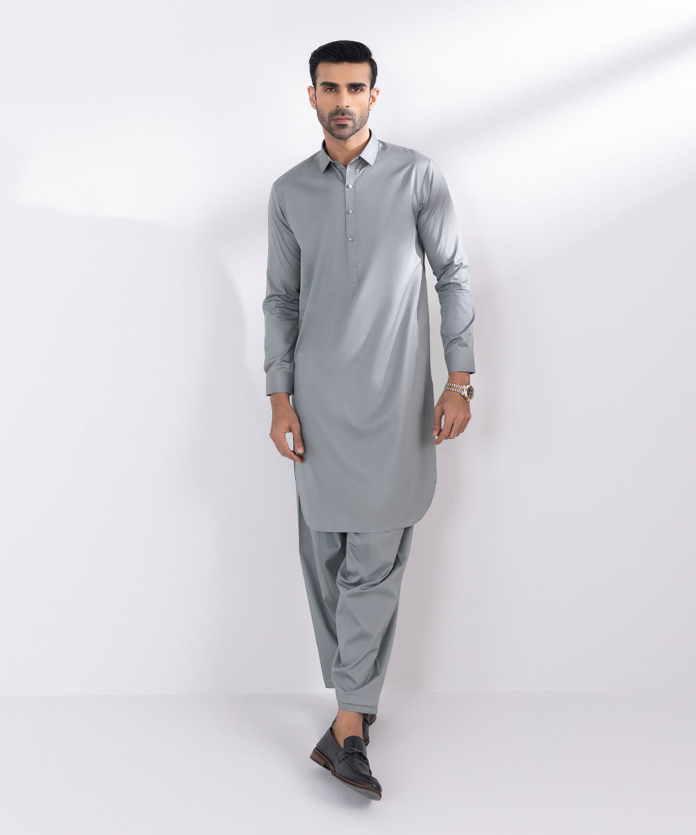 Men's Stitched Fancy Wash & Wear Grey Straight Hem Kurta Shalwar