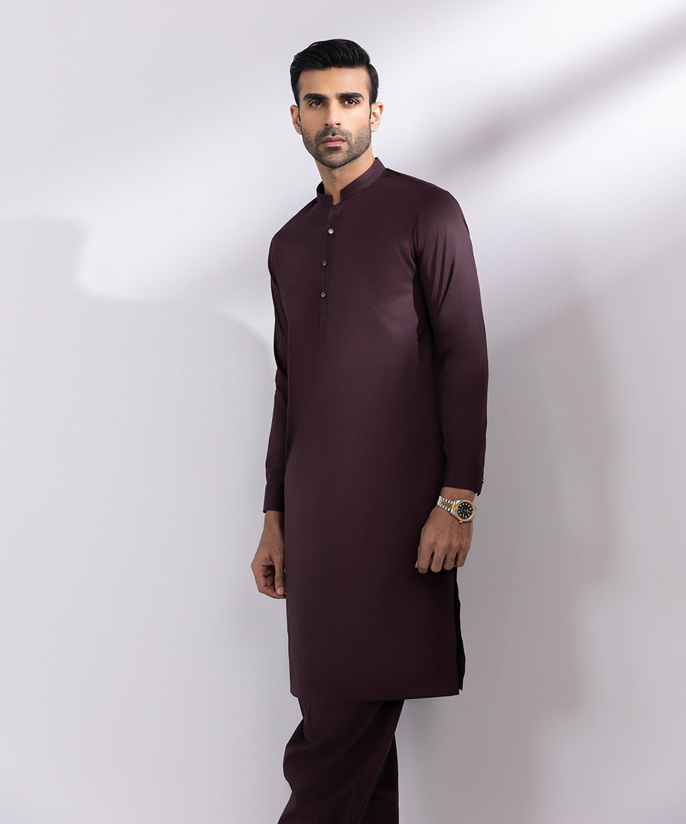 Men's Stitched Fancy Wash & Wear Dark Maroon Straight Hem Kurta Shalwar