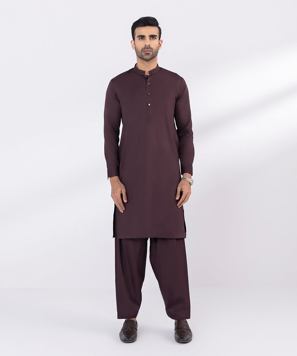 Men's Stitched Fancy Wash & Wear Dark Maroon Straight Hem Kurta Shalwar
