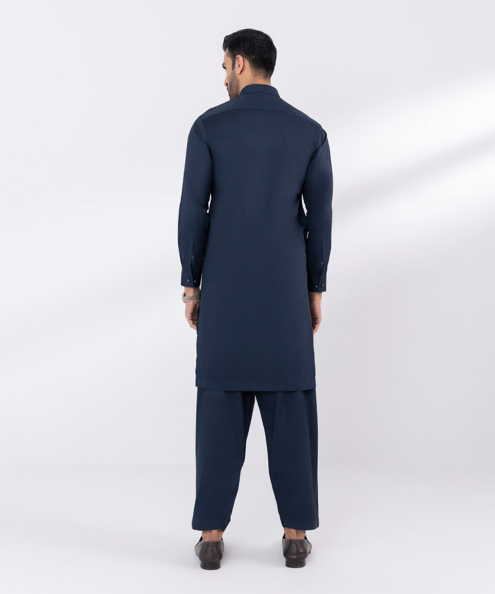 Men's Stitched Embroidered Fancy Wash & Wear Navy Straight Hem Kurta Shalwar