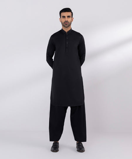 Men's Stitched Fancy Wash & Wear Black Straight Hem Kurta Shalwar