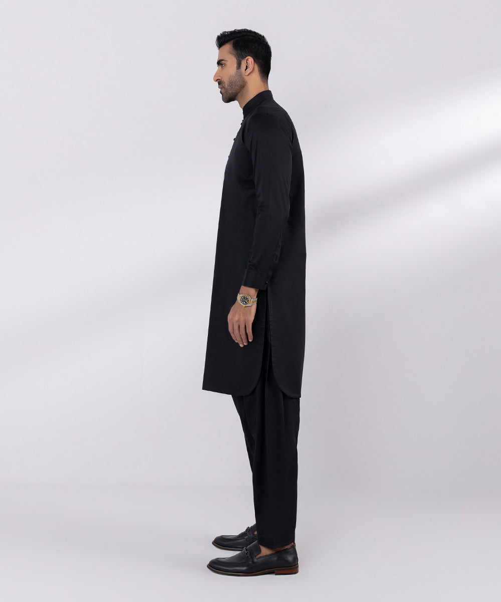 Men's Stitched Fancy Wash & Wear Black Straight Hem Kurta Shalwar