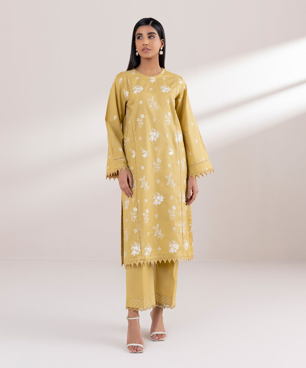 Women's Pret Dobby Embroidered Yellow A-Line Shirt