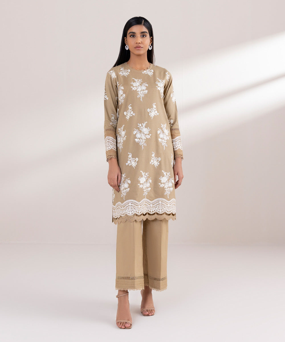 Women's Pret Dobby Embroidered Beige A-Line Shirt