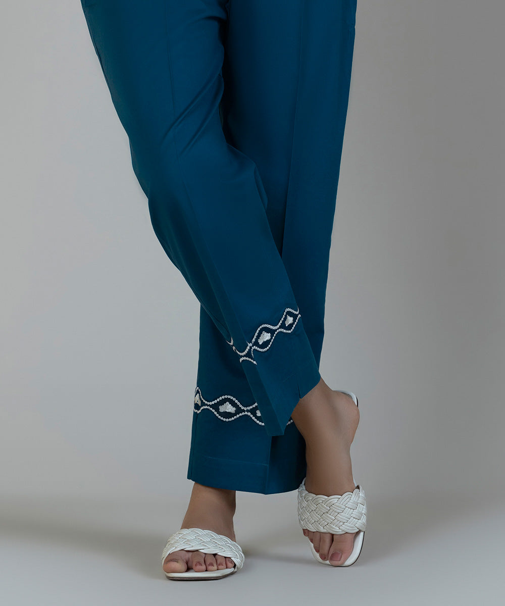 Women's Pret Cambric Embroidered Blue Straight Pants