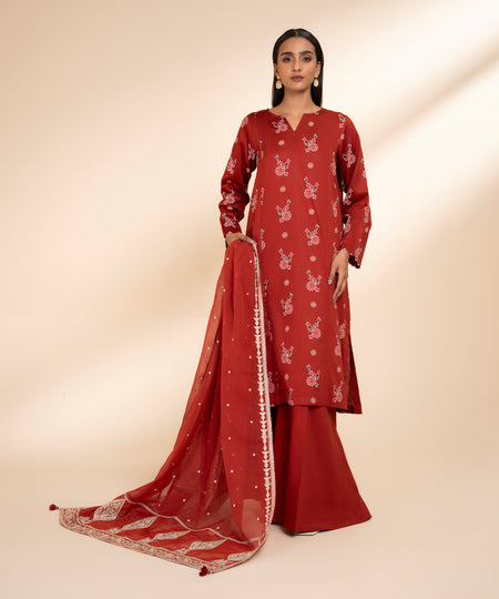 Blended Textured Karandi Red Embroidered Dupatta