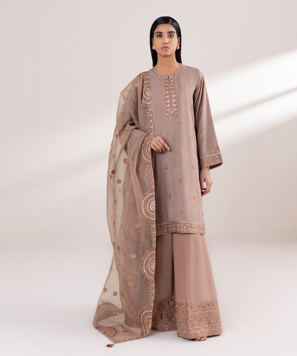 Blended Organza Brown Embroidered Dupatta