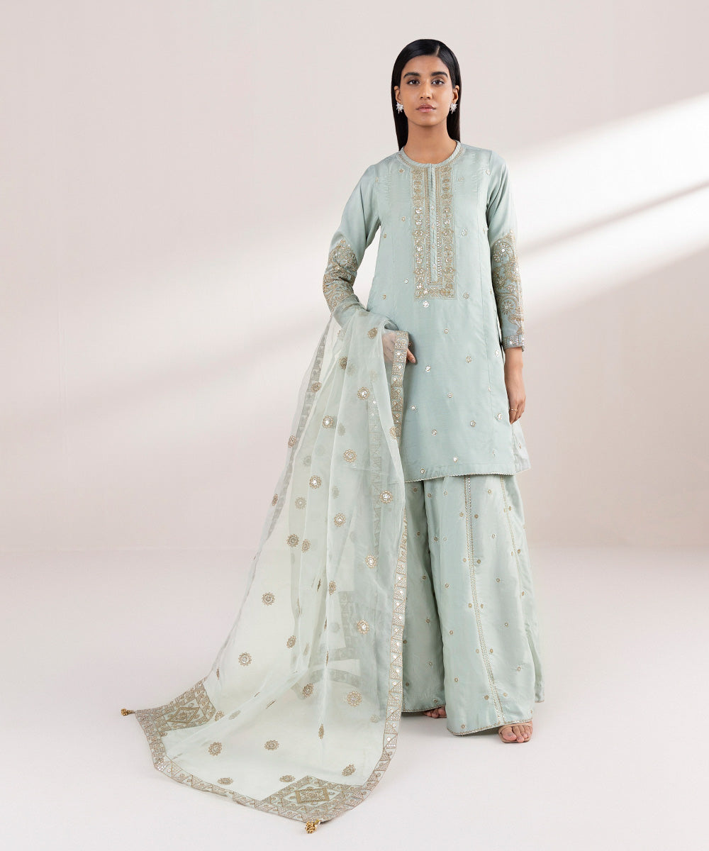 Blended Organza Grey Embroidered Dupatta