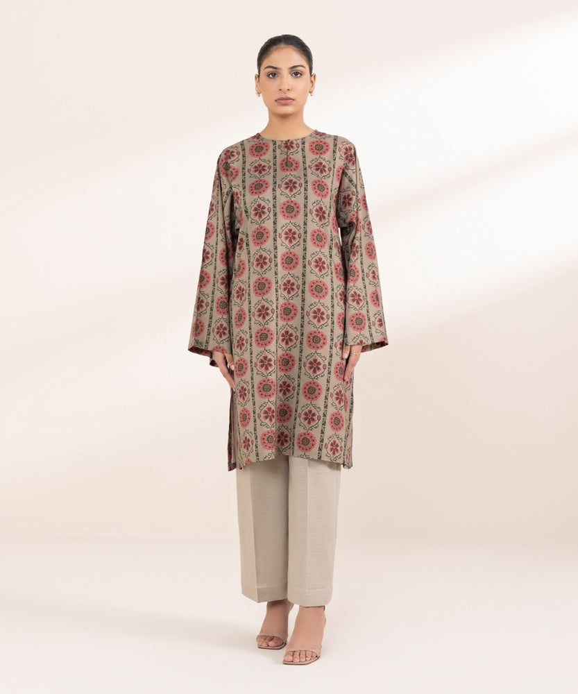 Women's Pret Printed Fawn Brown Linen Boxy Shirt