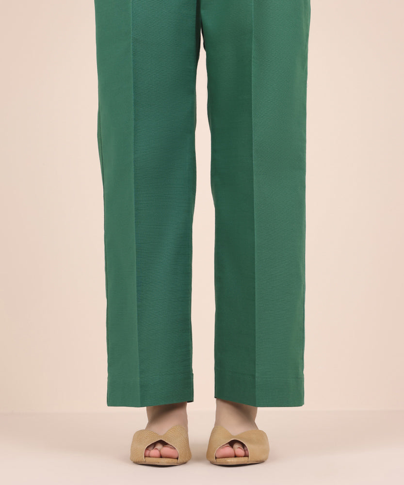 Women's Pret Solid Grass Green Khaddar Straight Trousers