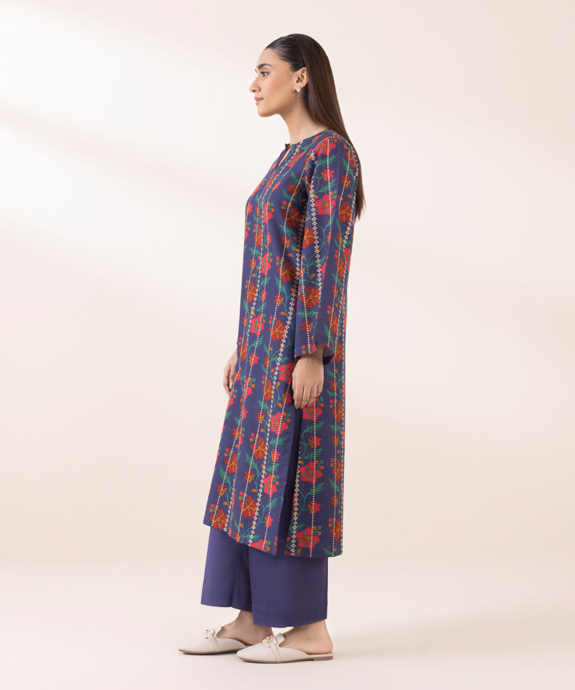 Women's Pret Printed Navy Purple Linen A Line Shirt