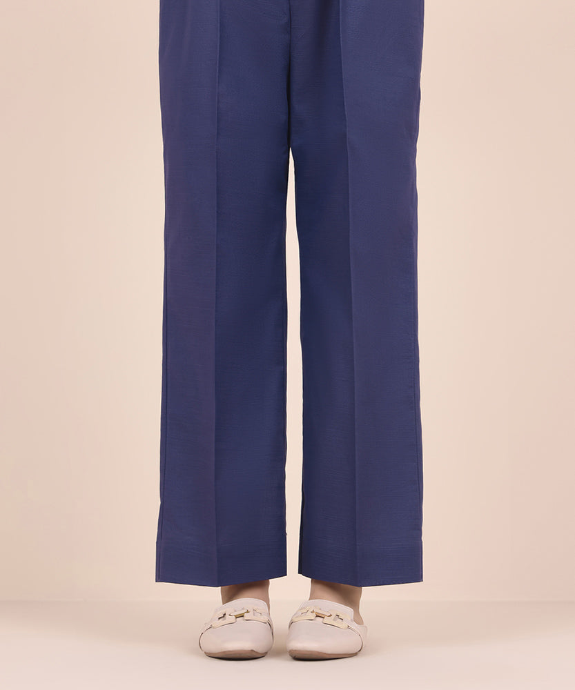 Women's Pret Solid Navy Purple Khaddar Straight Trousers