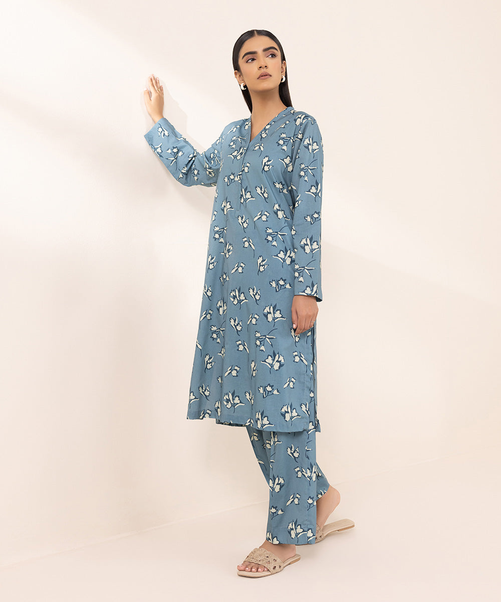 Women's Pret Cotton Viscose Printed Blue Straight Shirt