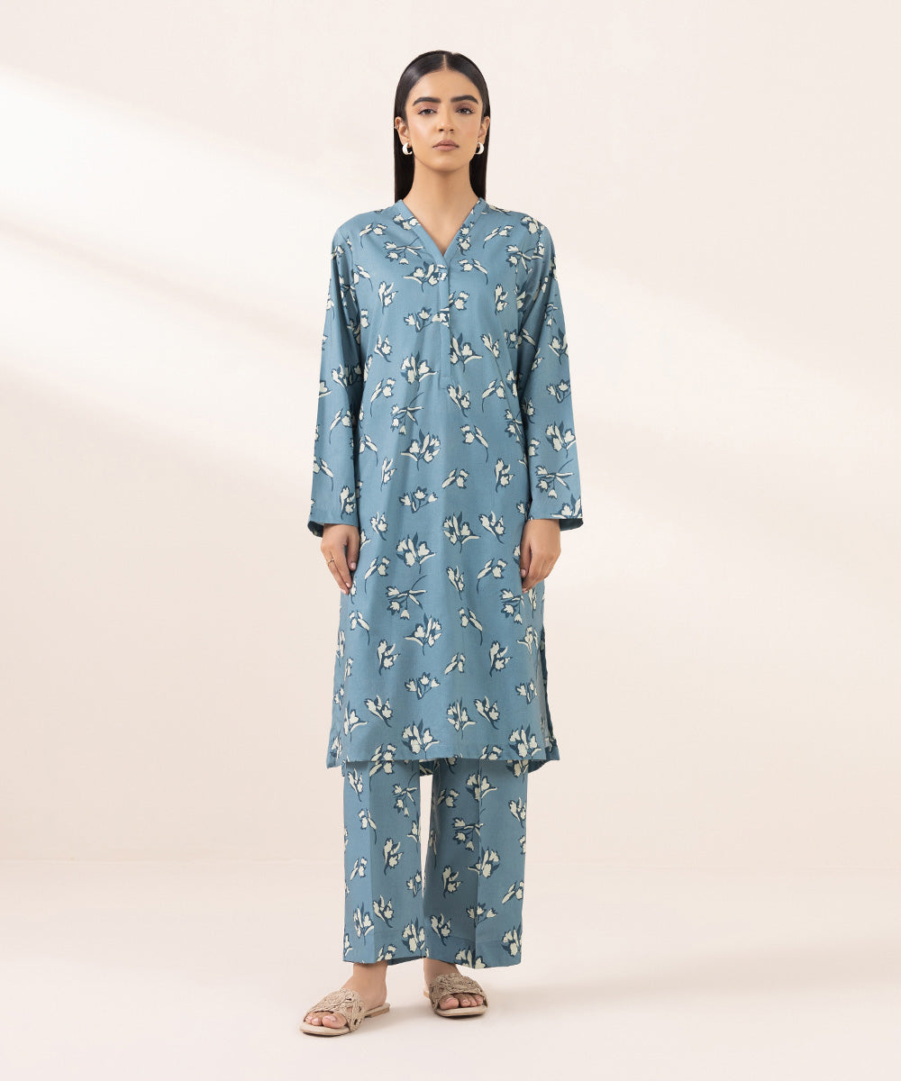 Women's Pret Cotton Viscose Printed Blue Straight Shirt