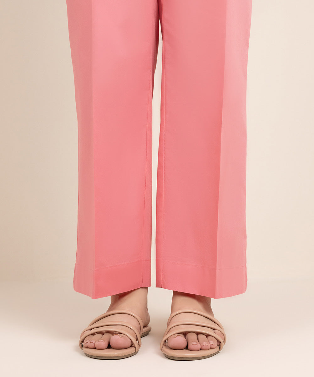 Women's Pret Cambric Solid Pink Straight Pants