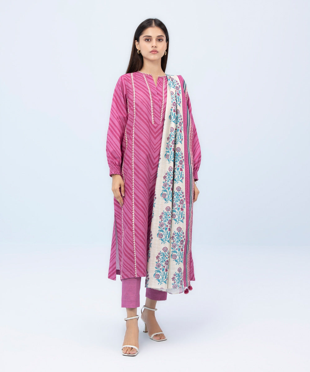 Women's Winter Unstitched Printed Light Khaddar Pink 3 Piece Suit
