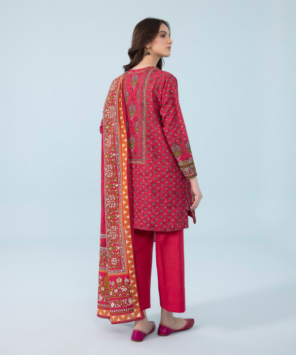 Women's Winter Unstitched Printed Light Khaddar Red 3 Piece Suit
