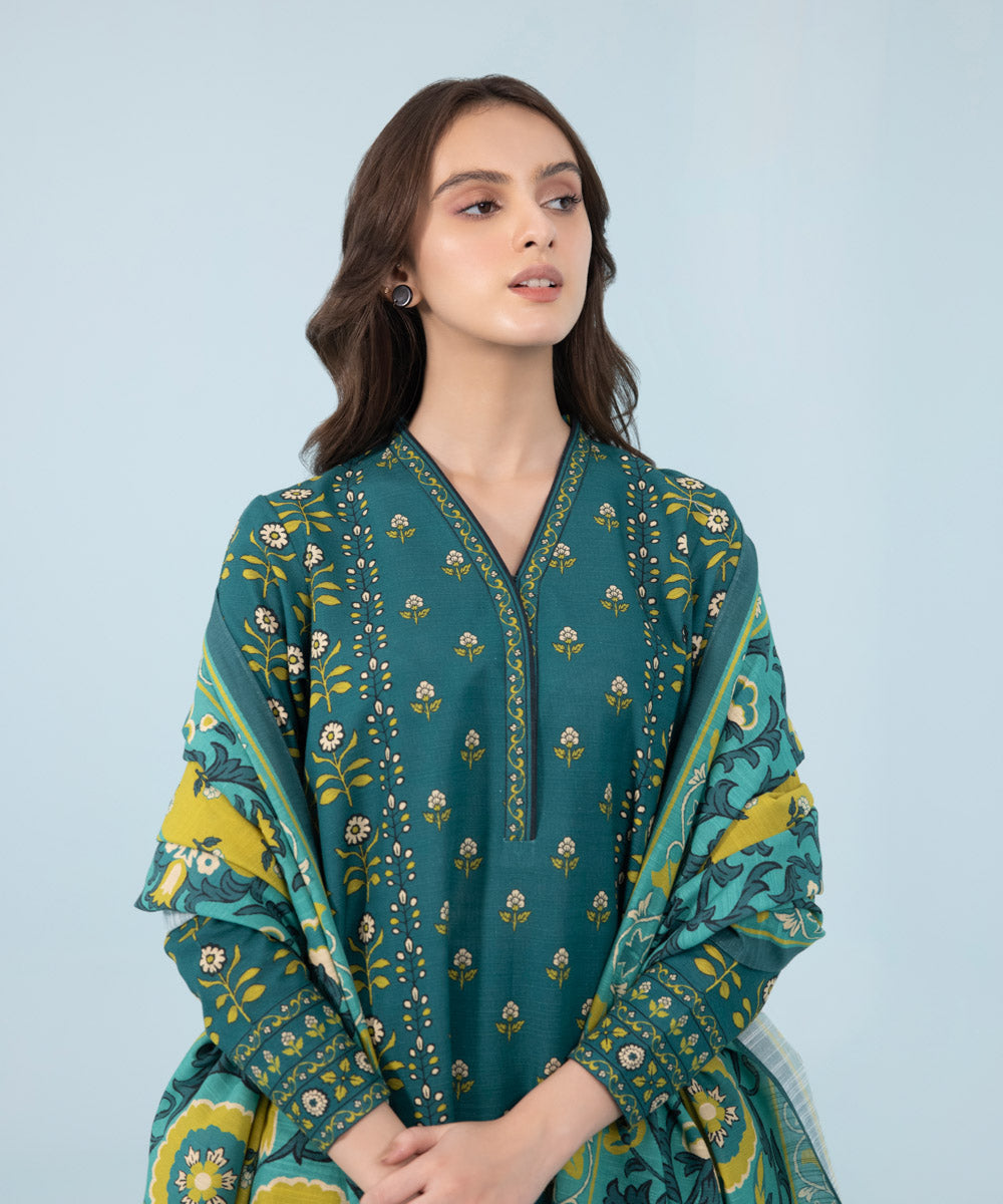 Women's Winter Unstitched Printed Cambric Green 3 Piece Suit