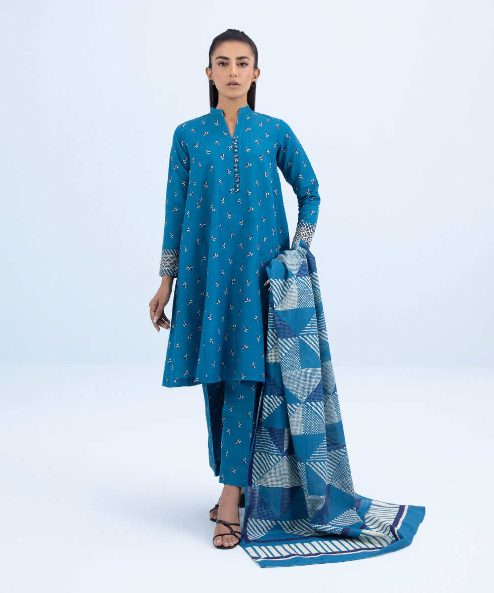 Women's Winter Unstitched Printed Cambric Blue 3 Piece Suit