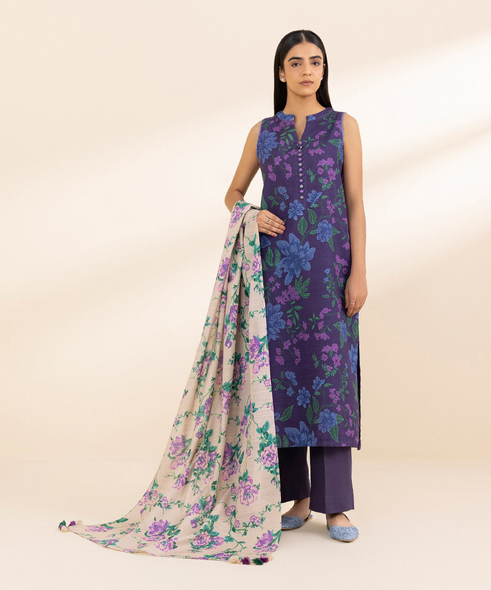 Women's Unstitched Khaddar Printed Purple 3 Piece Suit