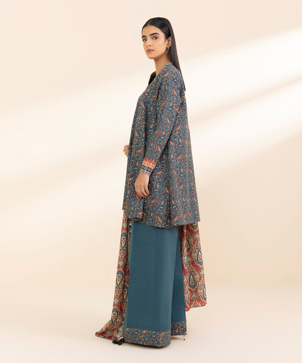 Women's Unstitched Khaddar Printed Blue 3 Piece Suit