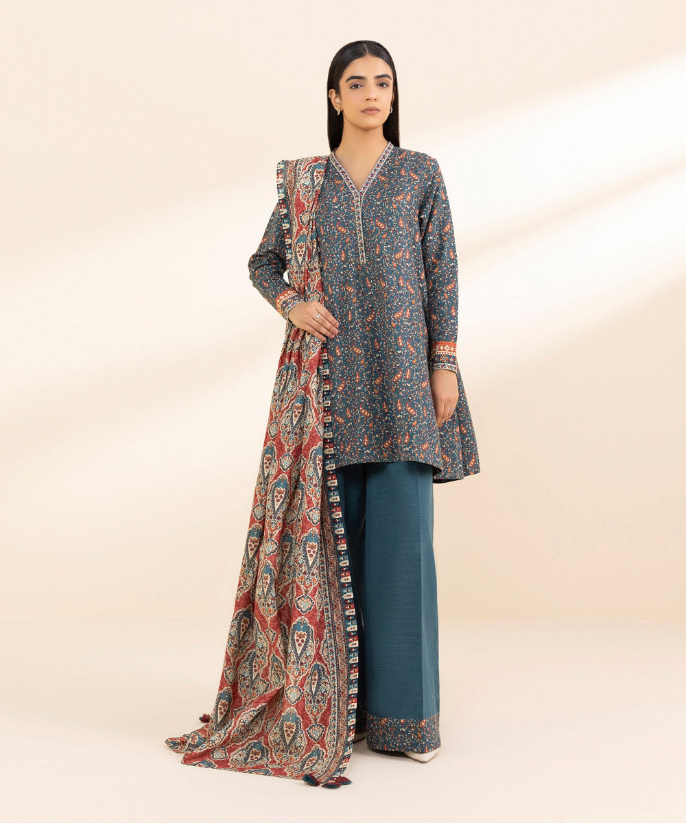 Women's Unstitched Khaddar Printed Blue 3 Piece Suit