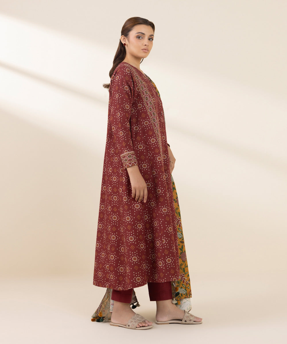 Women's Unstitched Khaddar Printed Red 3 Piece Suit