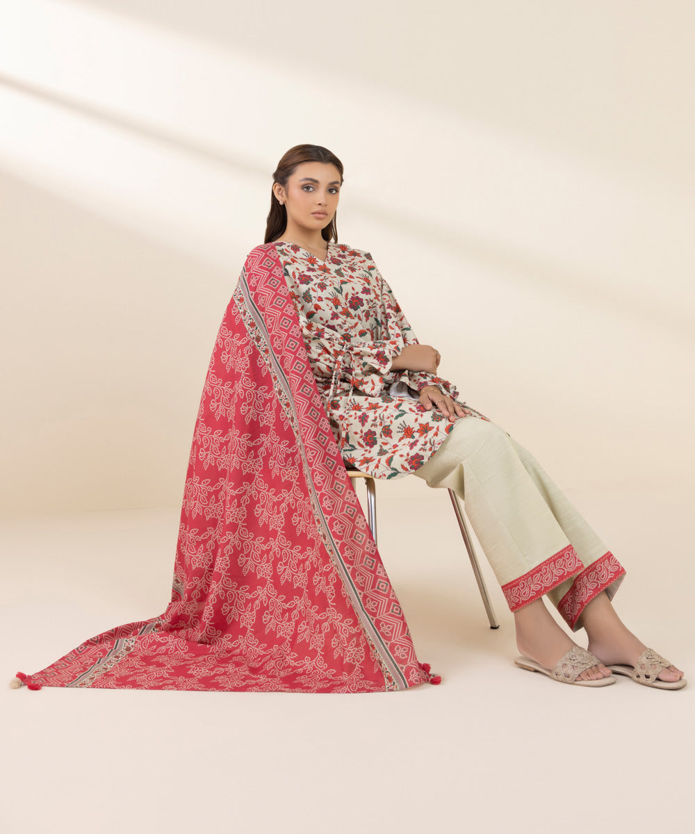 Women's Unstitched Khaddar Printed Multi 3 Piece Suit