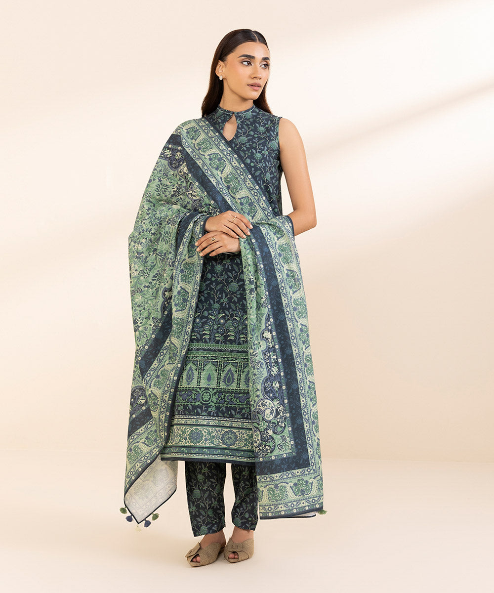 Women's Unstitched Khaddar Printed Blue 3 Piece Suit