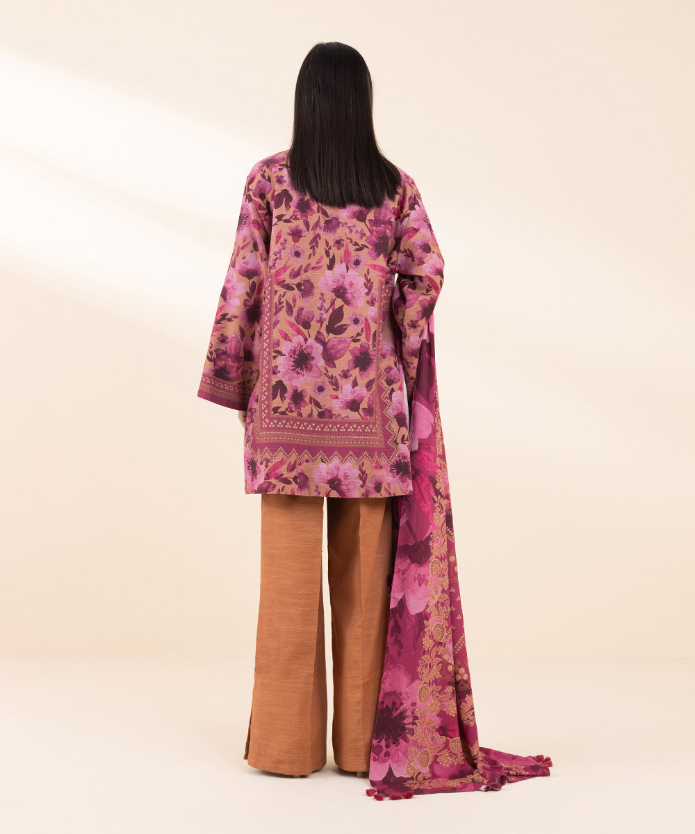 Women's Unstitched Khaddar Printed Pink 3 Piece Suit