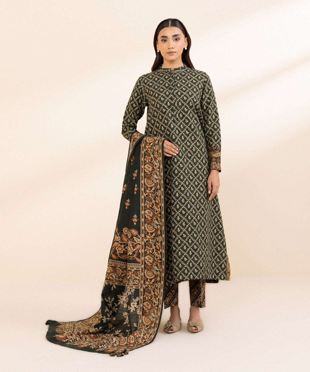 Women's Unstitched Khaddar Printed Green 3 Piece Suit