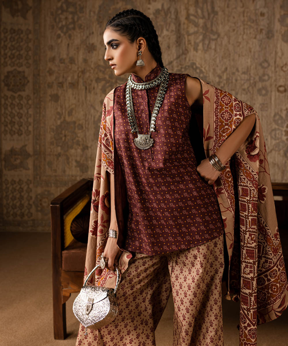 Women's Unstitched Khaddar Printed Red 3 Piece Suit