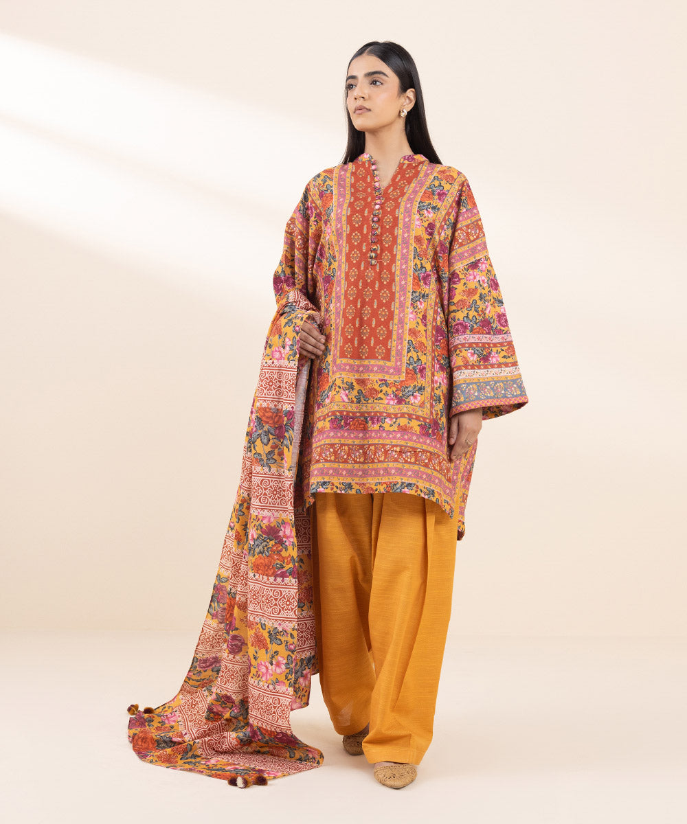 Women's Unstitched Khaddar Printed Multi 3 Piece Suit