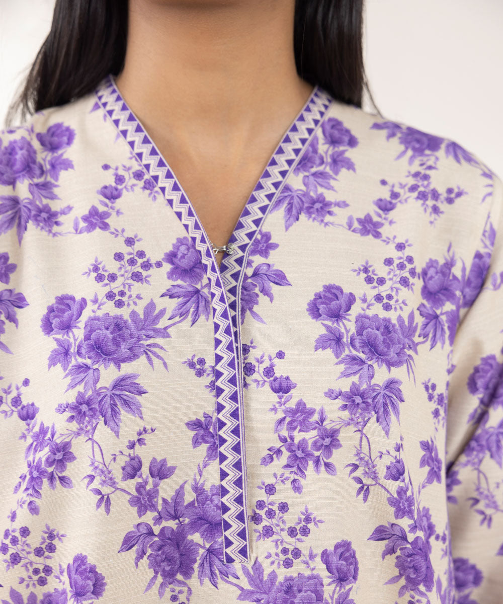 Women's Unstitched Khaddar Printed Purple 3 Piece Suit