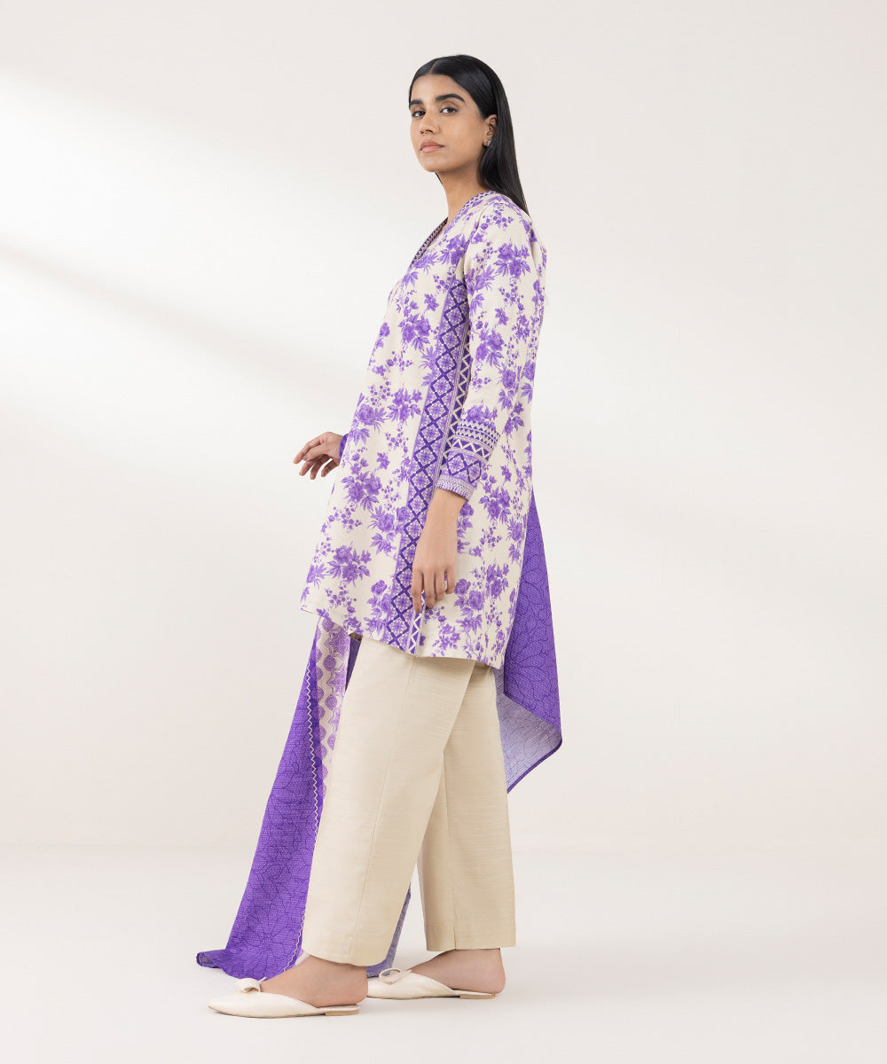 Women's Unstitched Khaddar Printed Purple 3 Piece Suit