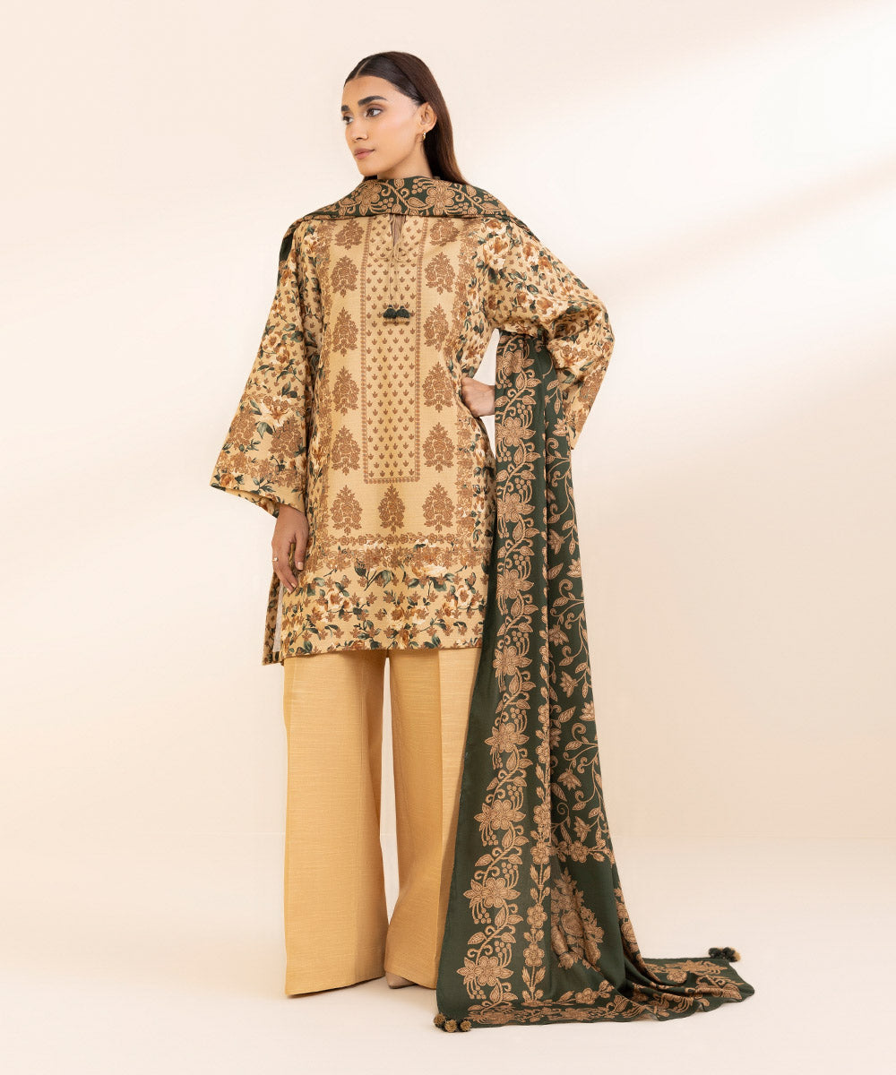 Women's Unstitched Khaddar Printed Multi 3 Piece Suit