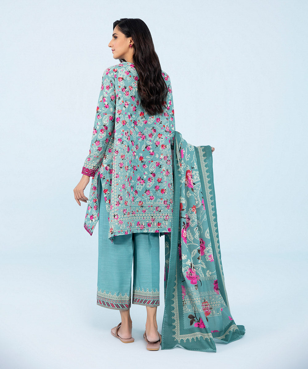 Women's Winter Unstitched Embroidered Light Khaddar Blue 3 Piece Suit