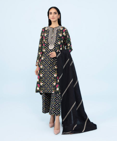 Women's Winter Unstitched Embroidered Light Khaddar Black 3 Piece Suit