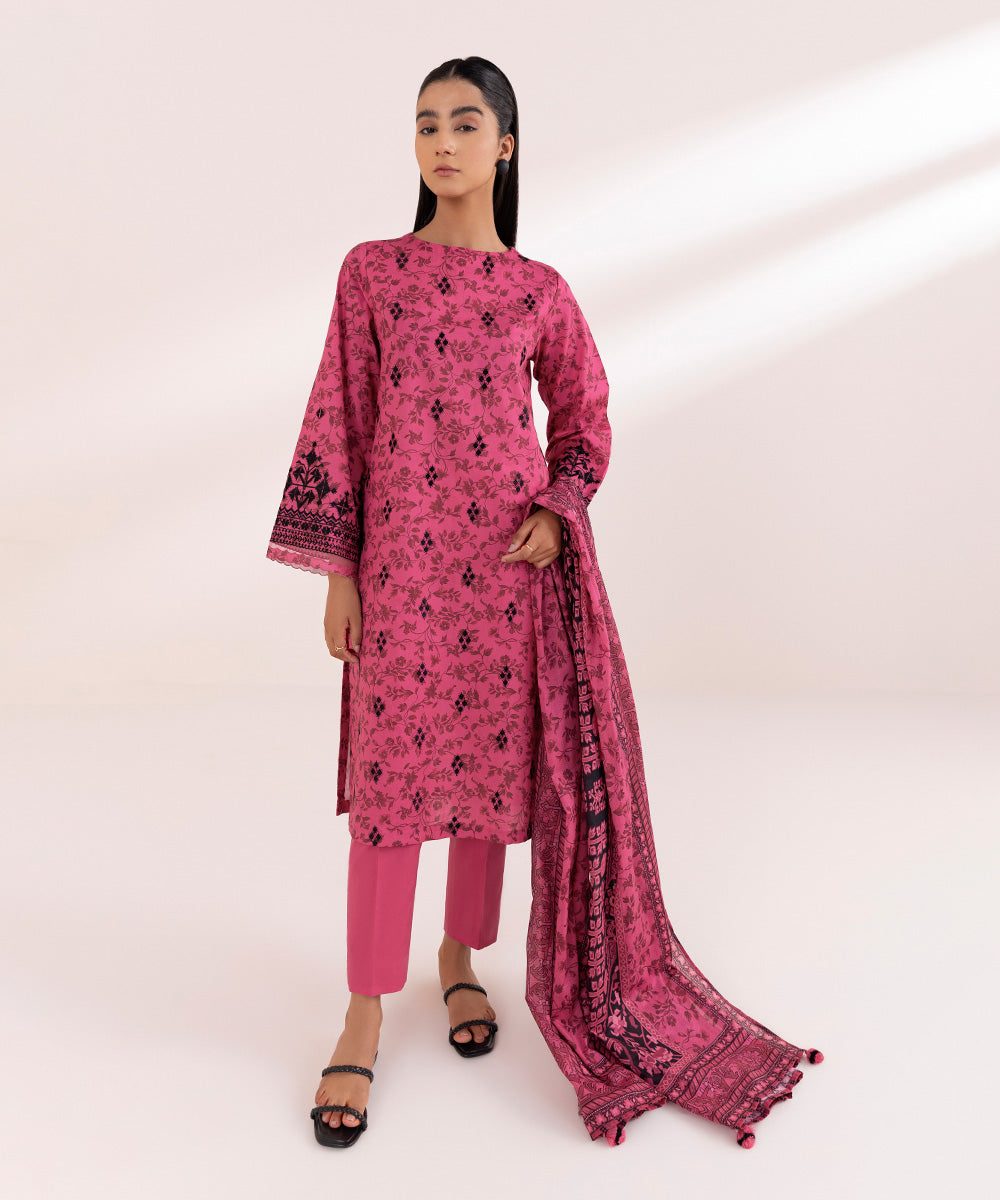 Women's Unstitched Lawn Pink Embroidered 3 Piece Suit