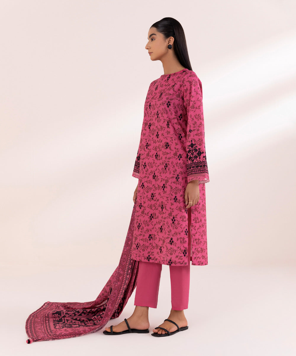 Women's Unstitched Lawn Pink Embroidered 3 Piece Suit