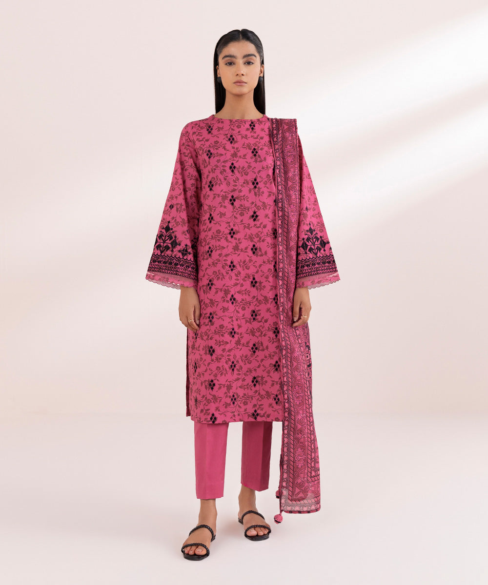 Women's Unstitched Lawn Pink Embroidered 3 Piece Suit